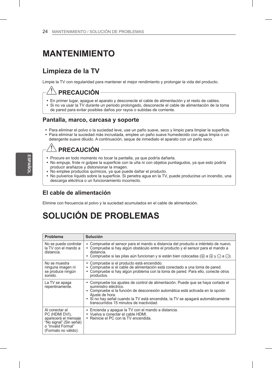 Mantenimiento, Limpieza de la tv, Pantalla, marco, carcasa y soporte | El cable de alimentación, Solución de problemas, 24 mantenimiento, 24 solución de problemas, Precaución | LG 50PH6608 User Manual | Page 163 / 275