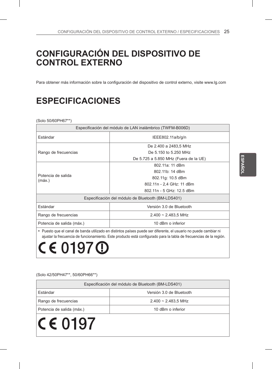 Configuración del dispositivo de control externo, Especificaciones, 25 configuración del dispositivo | De control externo, 25 especificaciones | LG 50PH6608 User Manual | Page 164 / 275