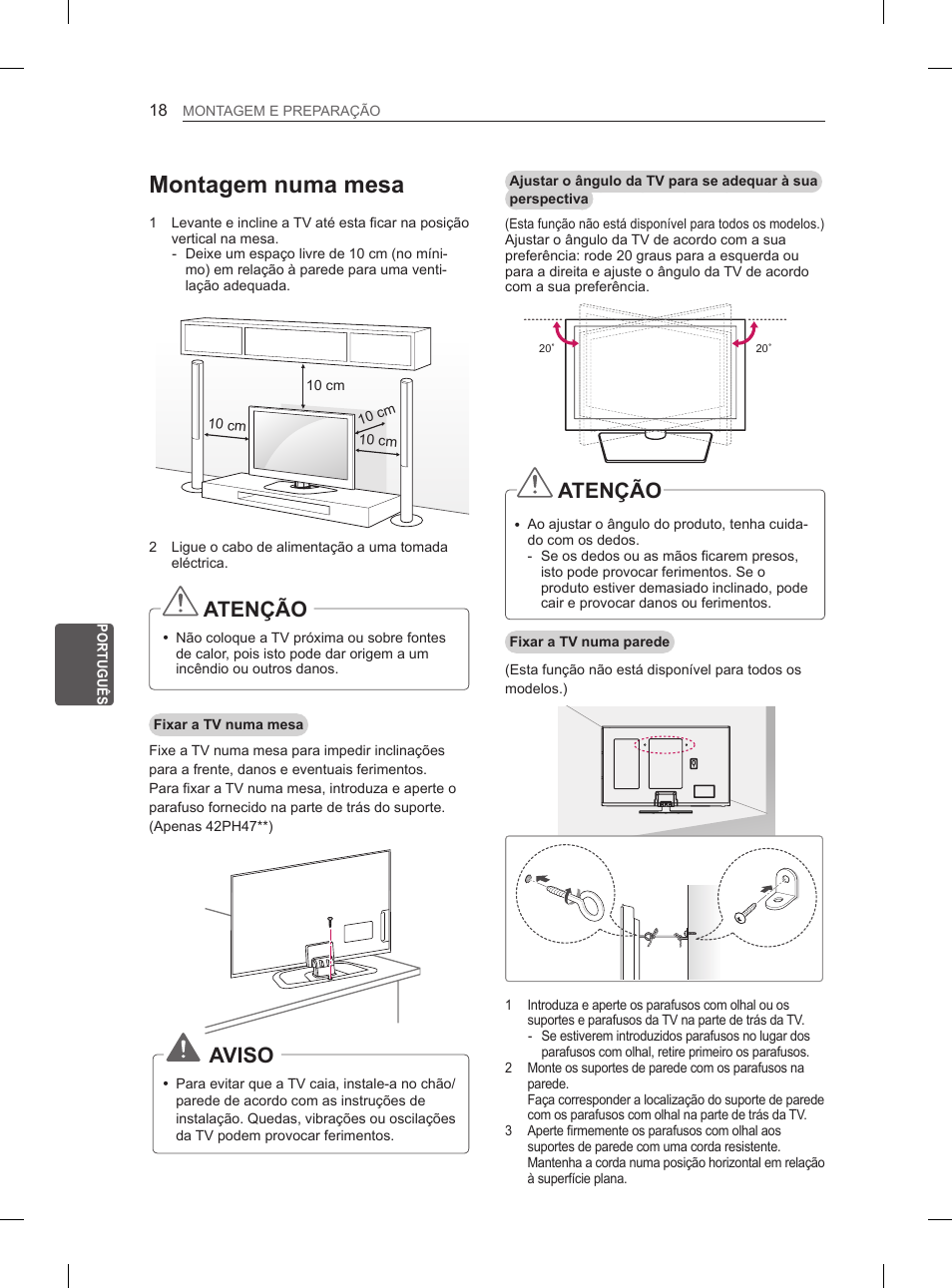 Montagem numa mesa, Atenção, Aviso | LG 50PH6608 User Manual | Page 183 / 275