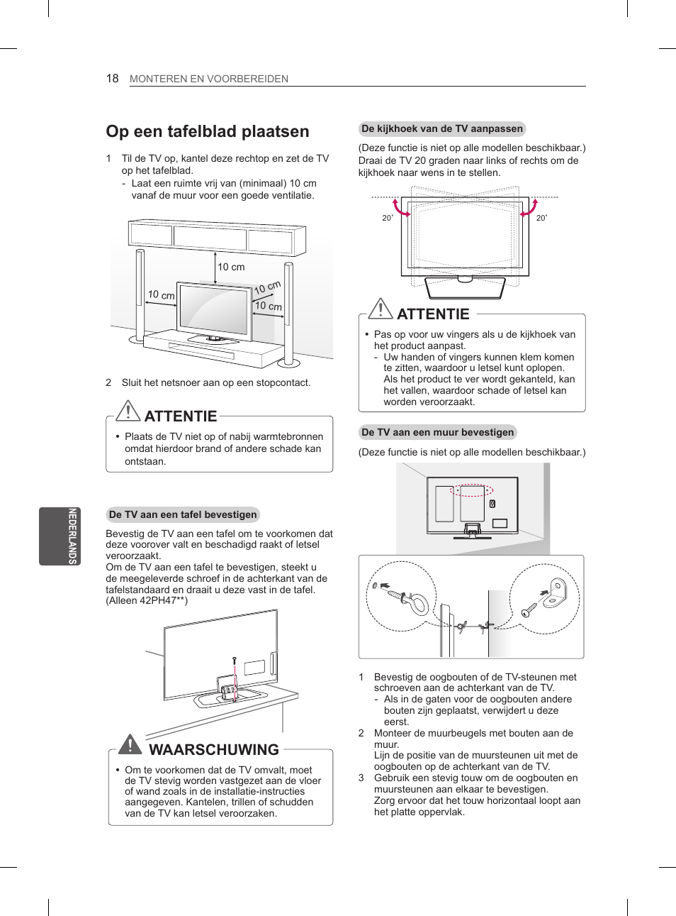Op een tafelblad plaatsen, Attentie, Waarschuwing | LG 50PH6608 User Manual | Page 209 / 275