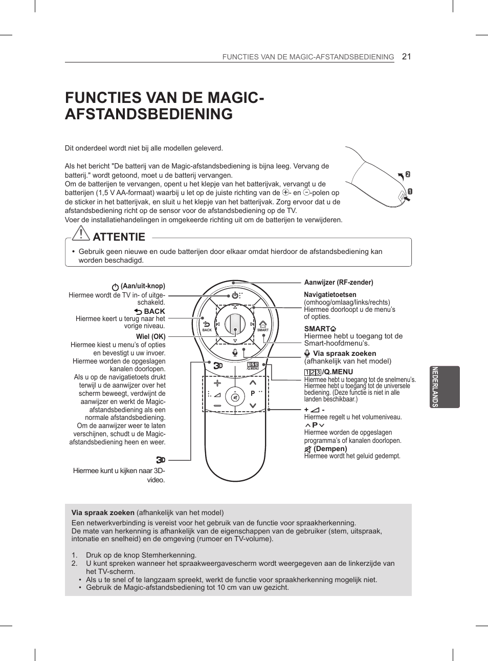 Functies van de magic- afstandsbediening, Attentie | LG 50PH6608 User Manual | Page 212 / 275