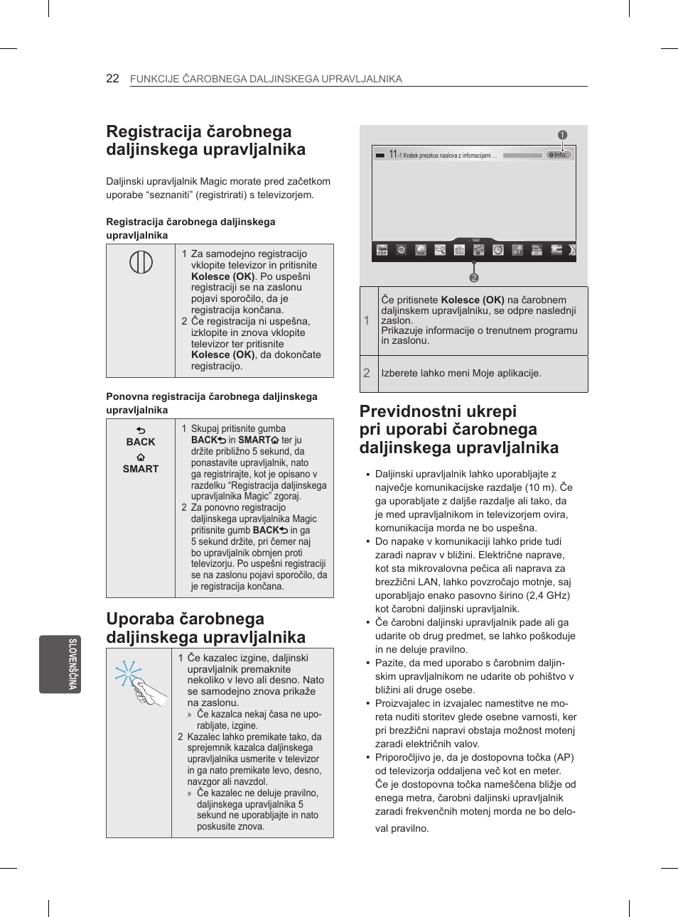 Registracija čarobnega daljinskega upravljalnika, Uporaba čarobnega daljinskega upravljalnika, Registracija čarobnega daljinskega | Upravljalnika, Previdnostni ukrepi pri uporabi čarobnega, Daljinskega upravljalnika | LG 50PH6608 User Manual | Page 265 / 275