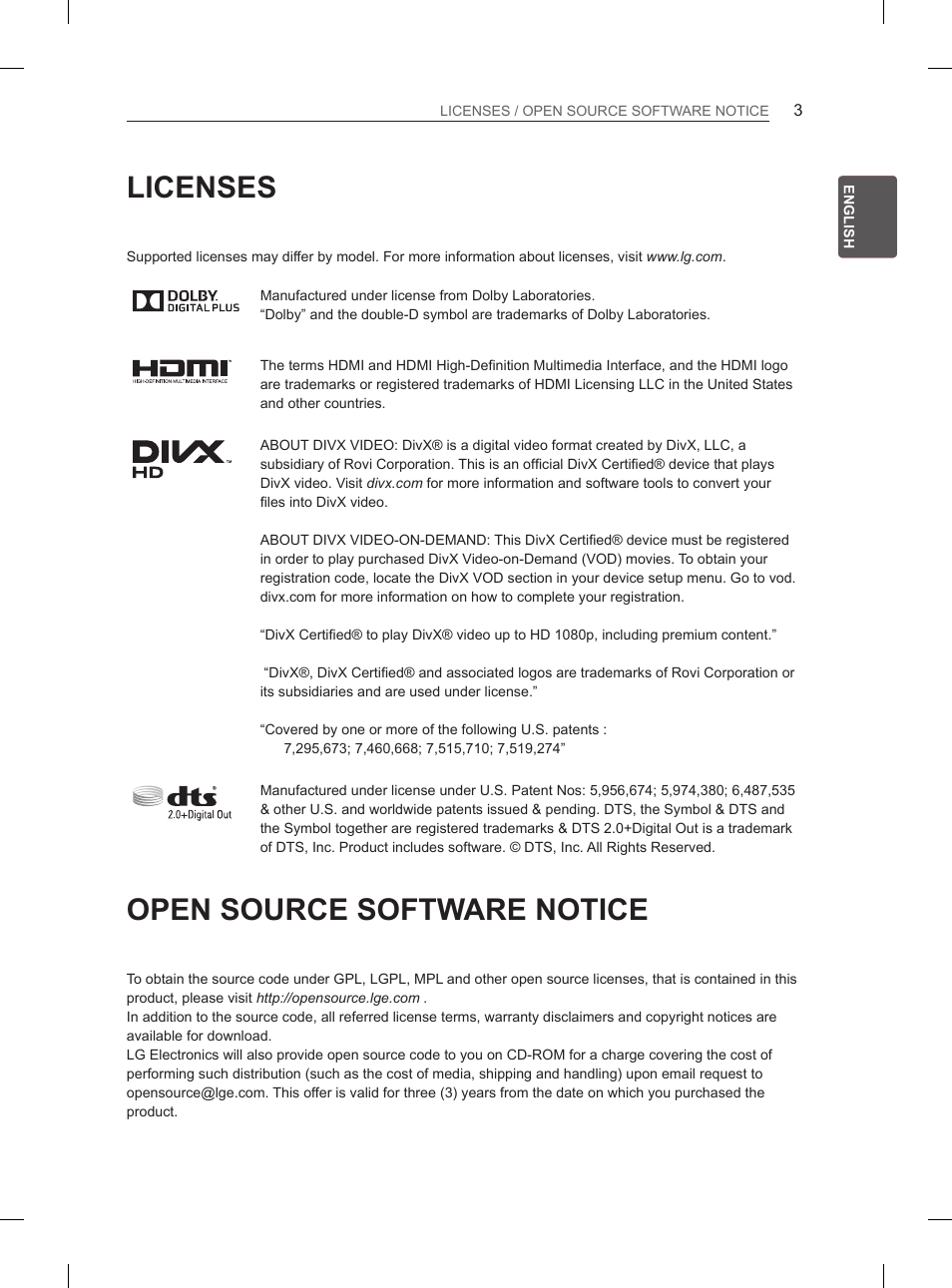 Licenses, Open source software notice | LG 50PH6608 User Manual | Page 38 / 275
