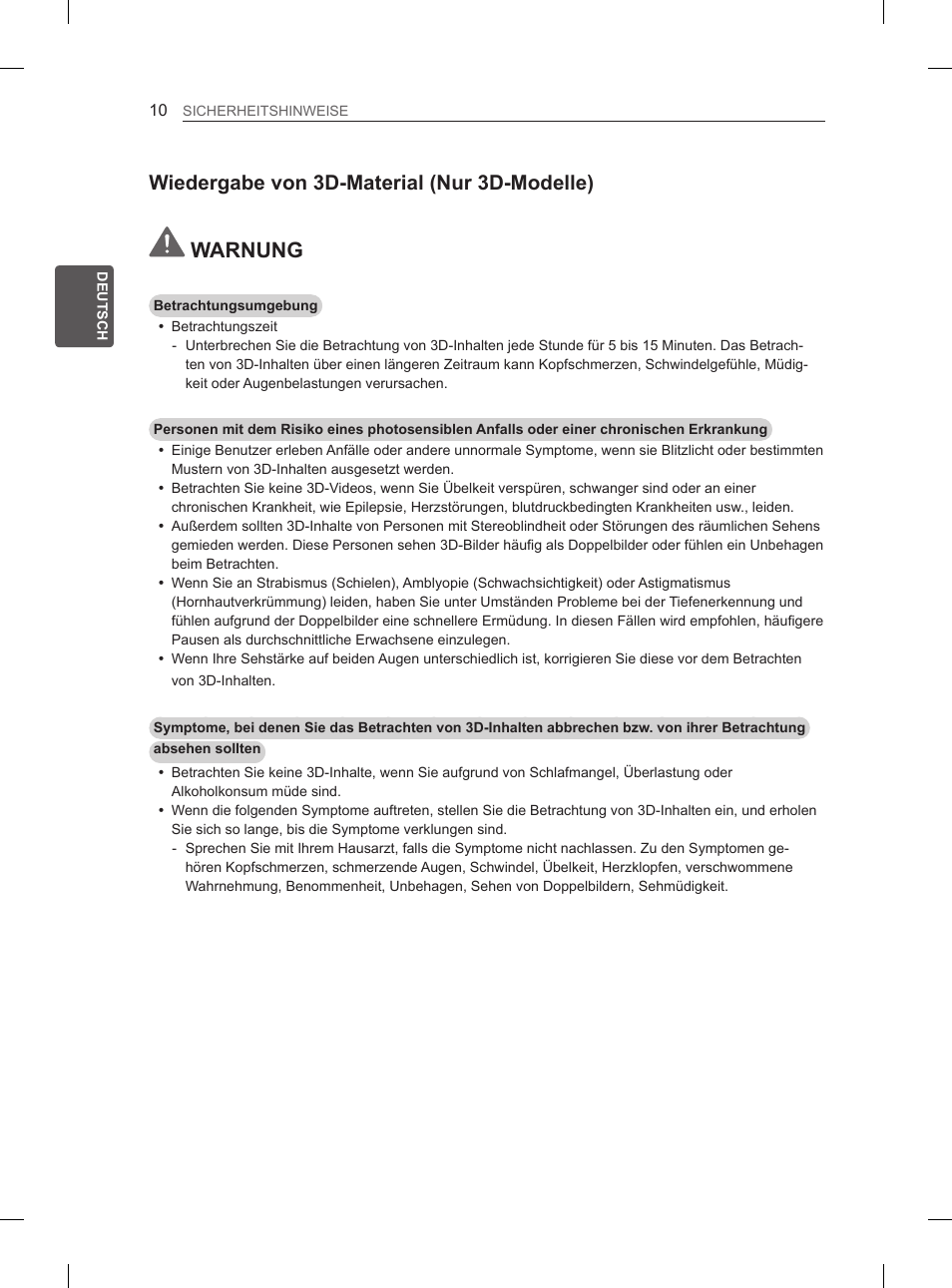 Warnung, Wiedergabe von 3d-material (nur 3d-modelle) | LG 50PH6608 User Manual | Page 71 / 275