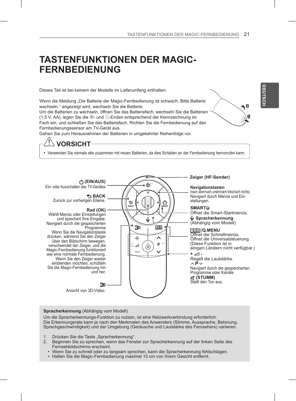 Tastenfunktionen der magic- fernbedienung, Vorsicht | LG 50PH6608 User Manual | Page 82 / 275