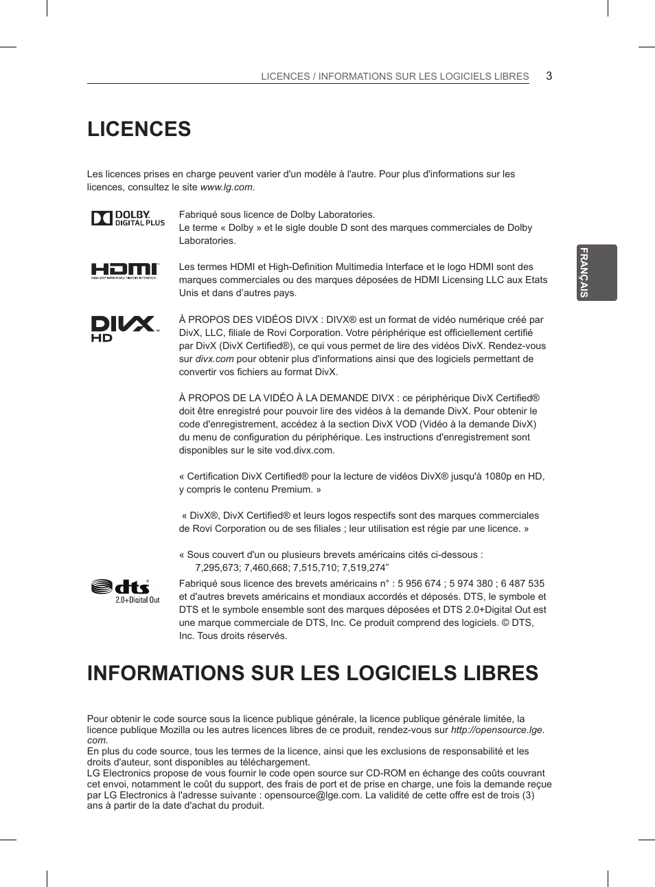 Licences, Informations sur les logiciels libres, Informations sur les | Logiciels libres | LG 50PH6608 User Manual | Page 90 / 275