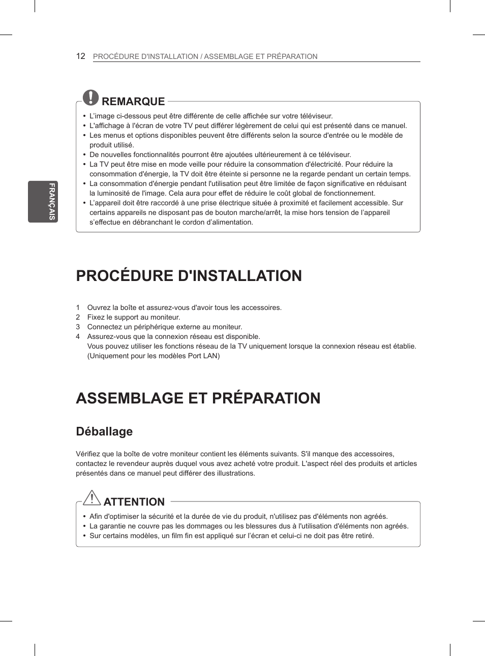 Procédure d'installation, Assemblage et préparation, Déballage | 12 procédure d'installation, 12 assemblage et préparation, Remarque, Attention | LG 50PH6608 User Manual | Page 99 / 275