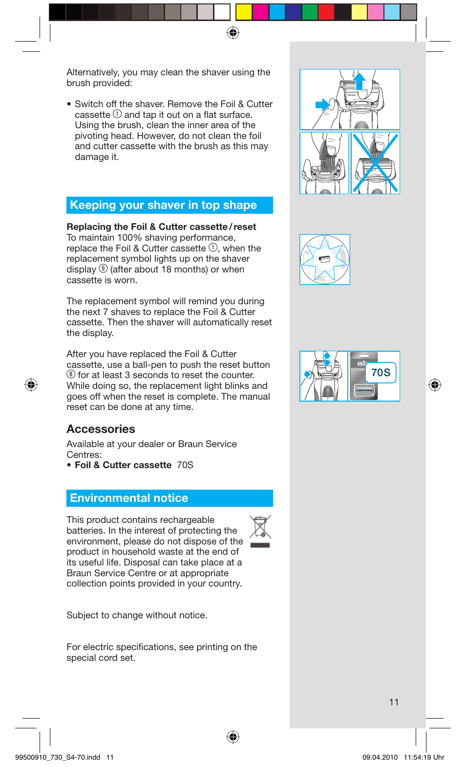 Keeping your shaver in top shape, Accessories, Environmental notice | Braun 720s-4 Series 7  EU User Manual | Page 11 / 67