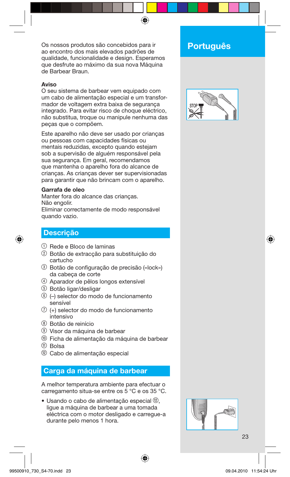 Português, Descrição 1, Carga da máquina de barbear | Braun 720s-4 Series 7  EU User Manual | Page 23 / 67
