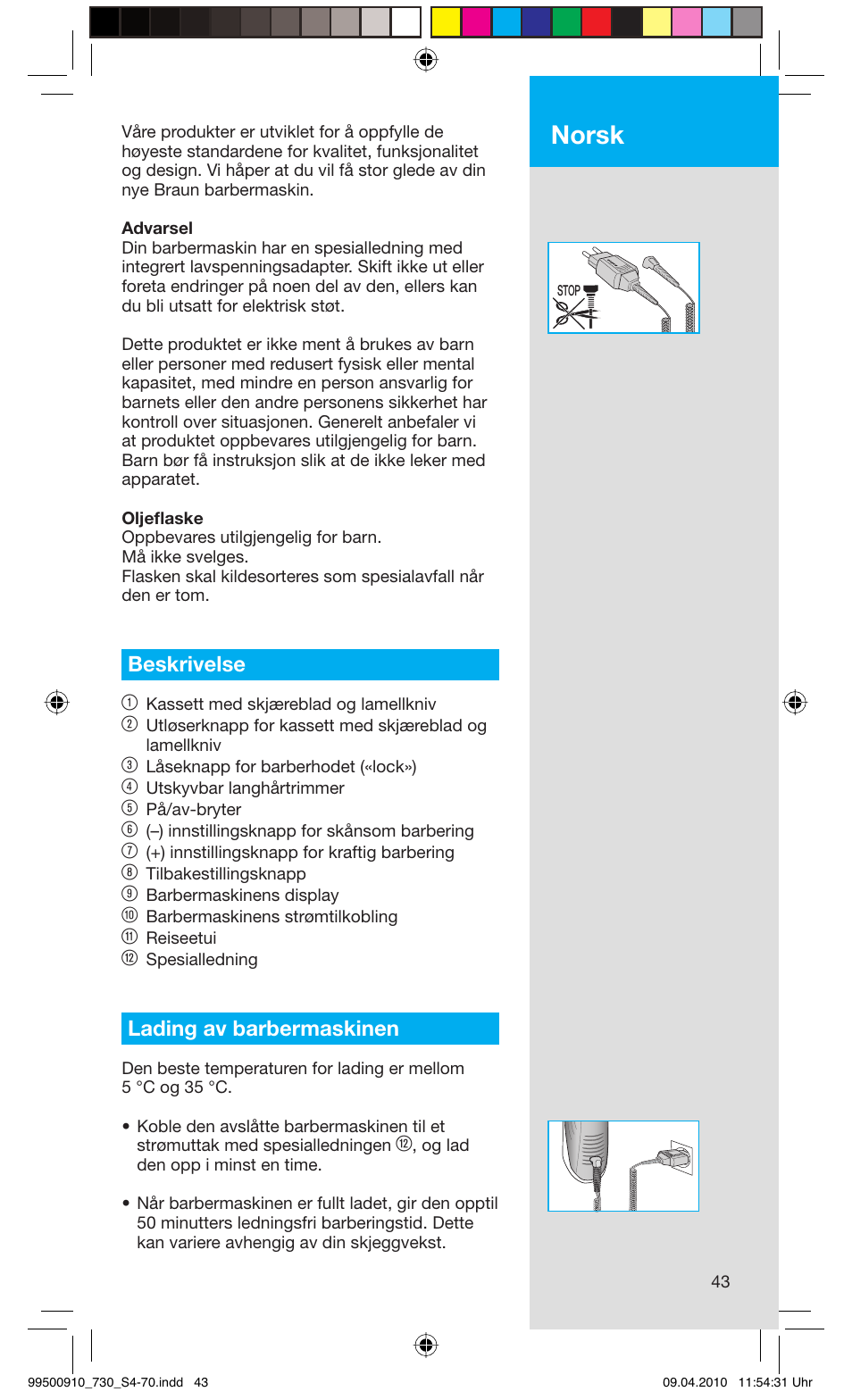 Norsk, Beskrivelse 1, Lading av barbermaskinen | Braun 720s-4 Series 7  EU User Manual | Page 43 / 67