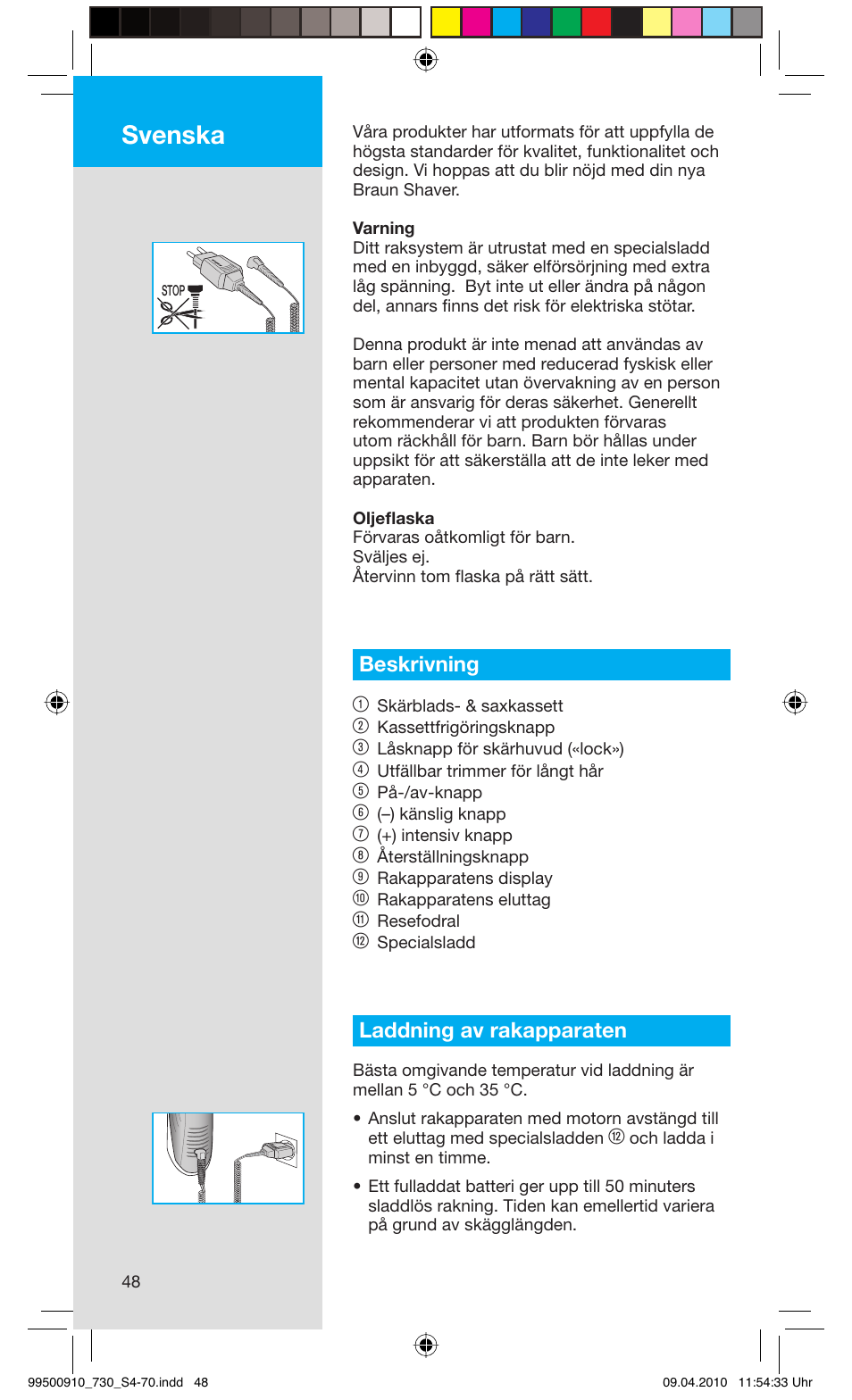 Svenska, Beskrivning 1, Laddning av rakapparaten | Braun 720s-4 Series 7  EU User Manual | Page 48 / 67