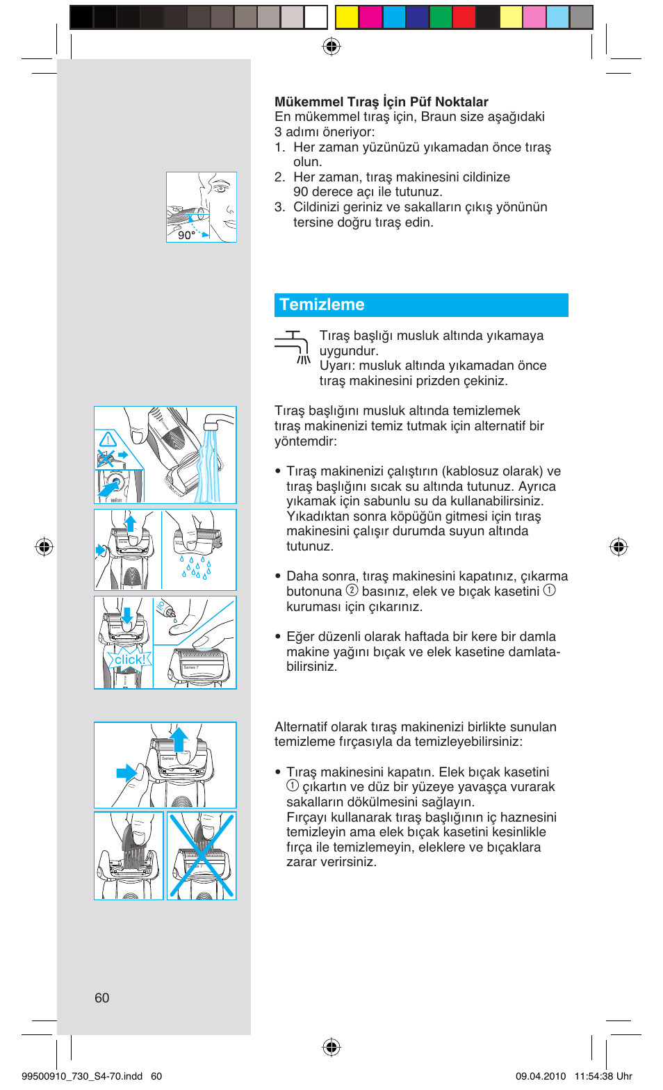 Temizleme, Basınız, elek ve bıçak kasetini, Click | Braun 720s-4 Series 7  EU User Manual | Page 60 / 67