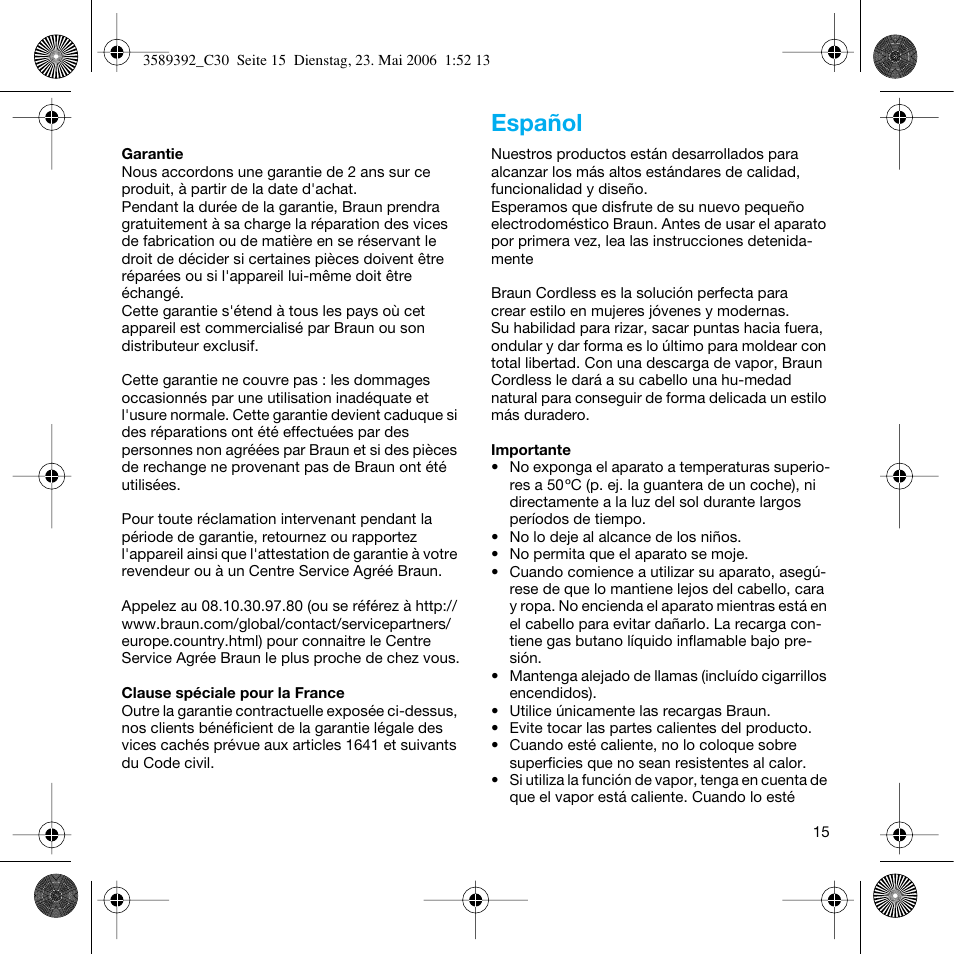 Español | Braun C30S Cordless Styler User Manual | Page 14 / 53