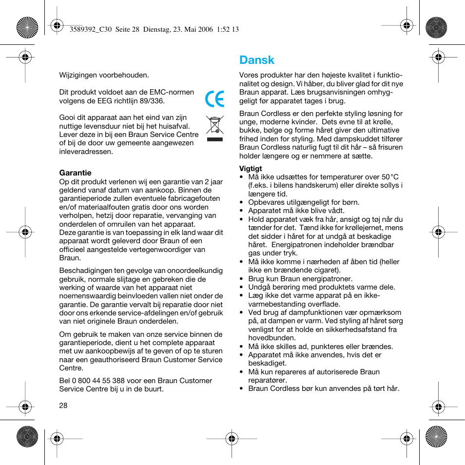 Dansk | Braun C30S Cordless Styler User Manual | Page 27 / 53