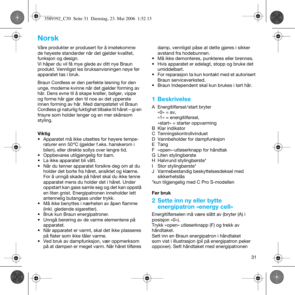 Norsk | Braun C30S Cordless Styler User Manual | Page 30 / 53