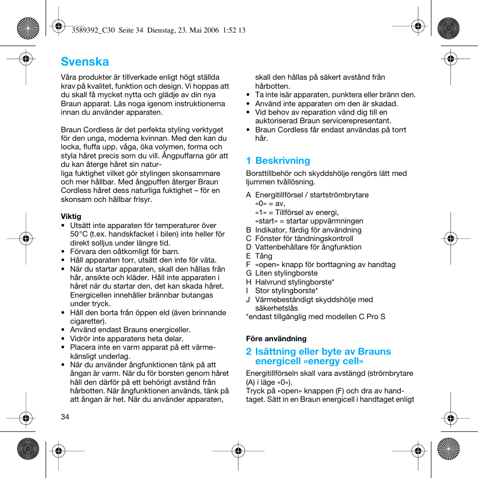 Svenska | Braun C30S Cordless Styler User Manual | Page 33 / 53