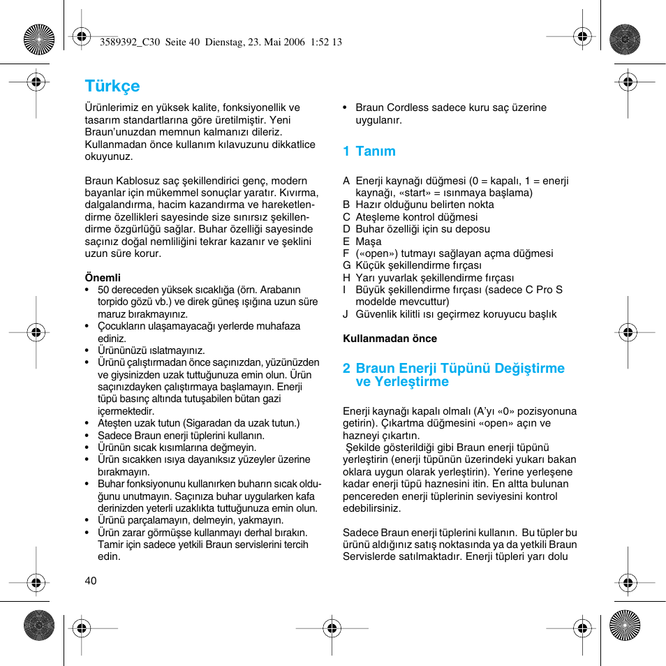 Türkçe | Braun C30S Cordless Styler User Manual | Page 39 / 53