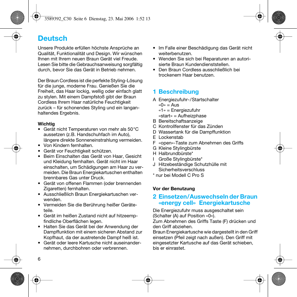 Deutsch | Braun C30S Cordless Styler User Manual | Page 5 / 53