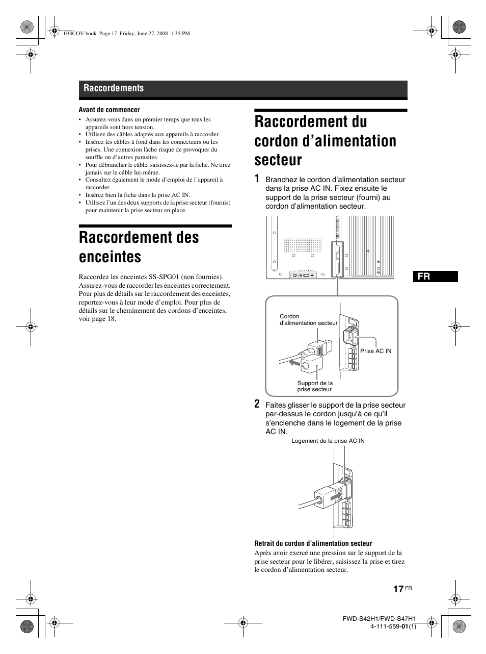 Raccordement des enceintes, Raccordement du cordon d’alimentation secteur, Raccordements | LG LS42F User Manual | Page 107 / 302