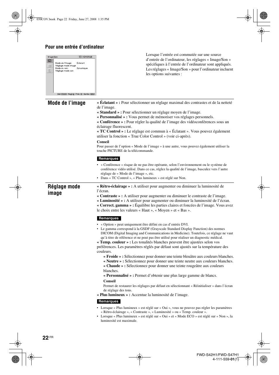 Mode de l’image, Réglage mode image, Pour une entrée d’ordinateur | LG LS42F User Manual | Page 112 / 302