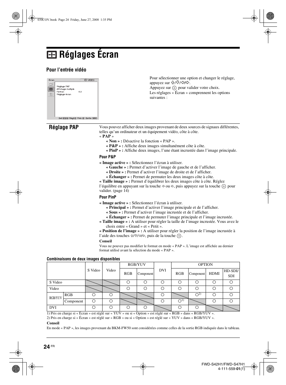 Réglages écran, Réglage pap | LG LS42F User Manual | Page 114 / 302