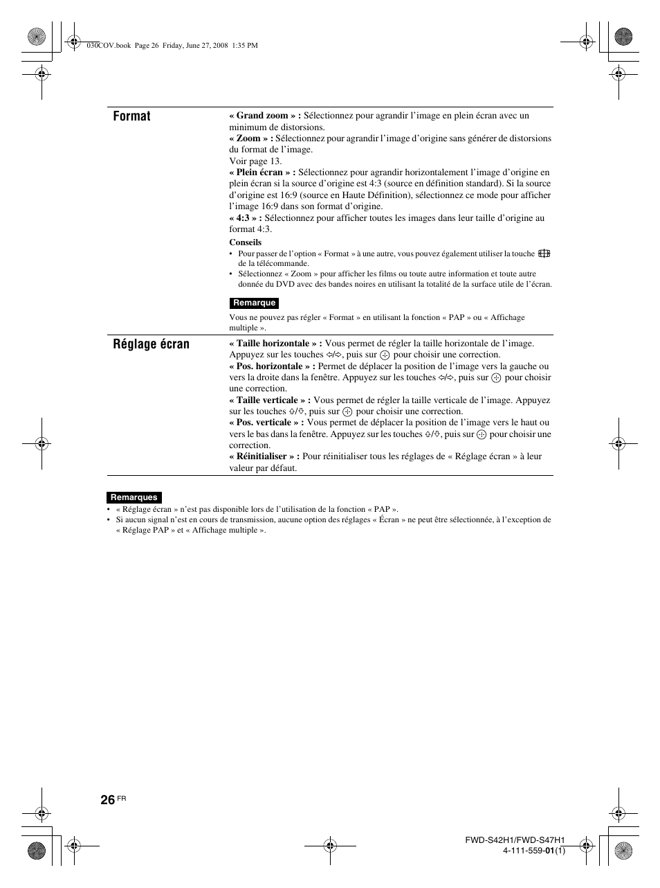 Format, Réglage écran | LG LS42F User Manual | Page 116 / 302