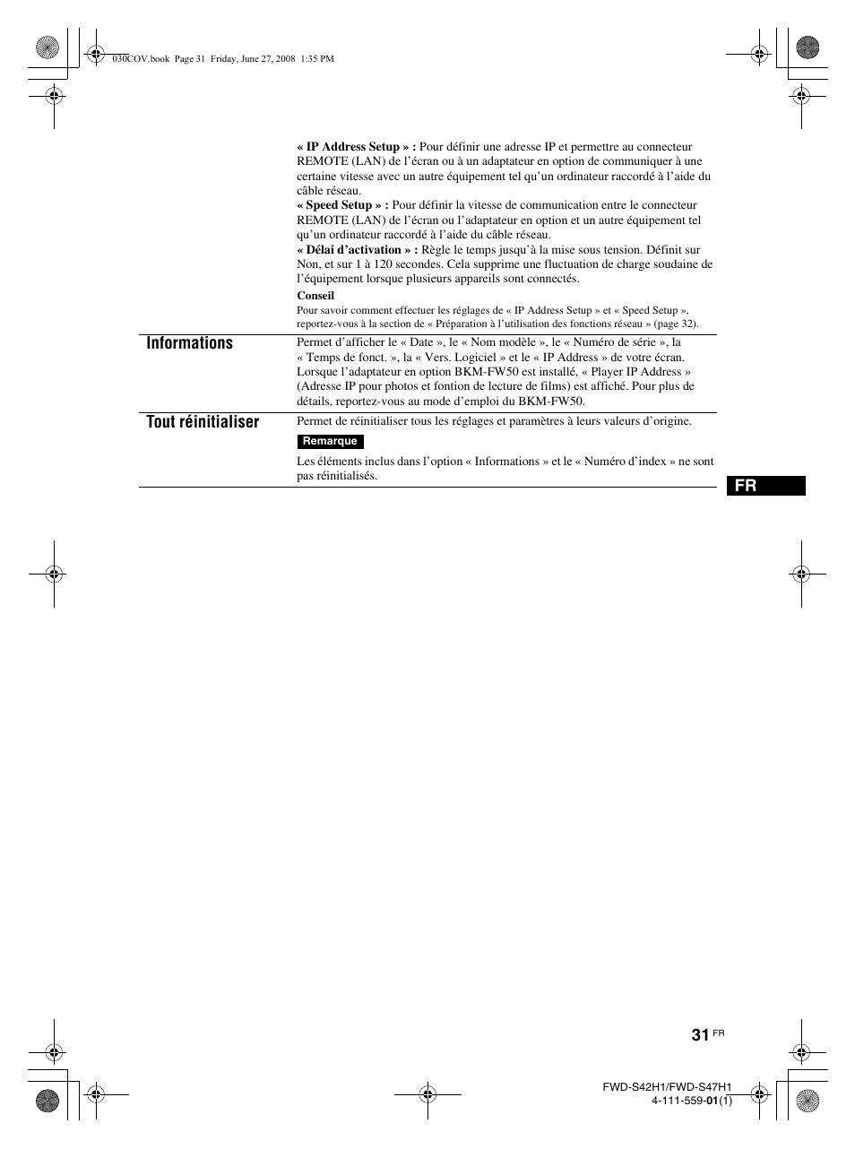 Informations, Tout réinitialiser | LG LS42F User Manual | Page 121 / 302