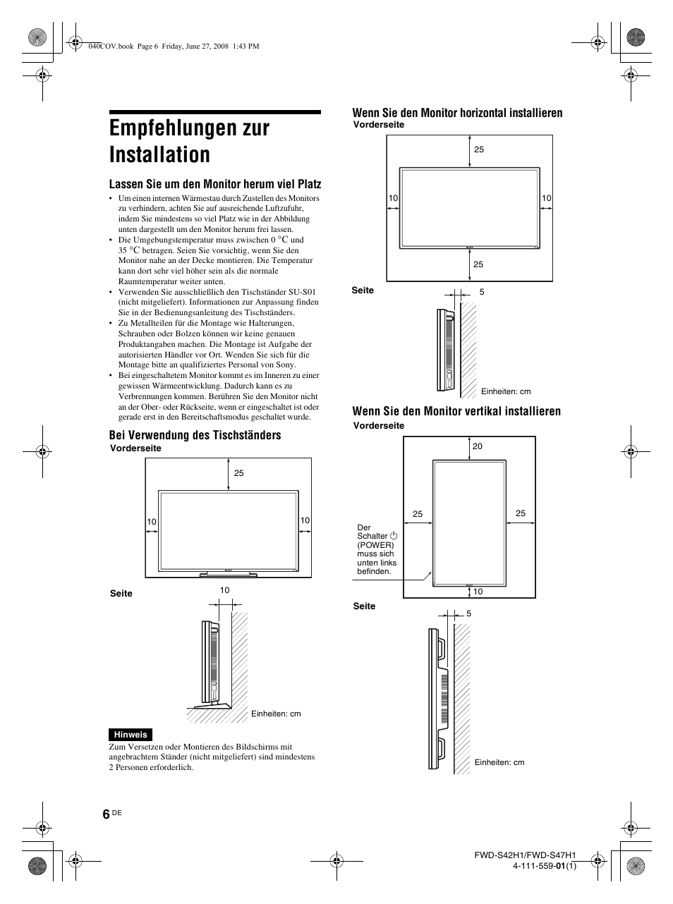 Empfehlungen zur installation, Lassen sie um den monitor herum viel platz, Bei verwendung des tischständers | LG LS42F User Manual | Page 138 / 302