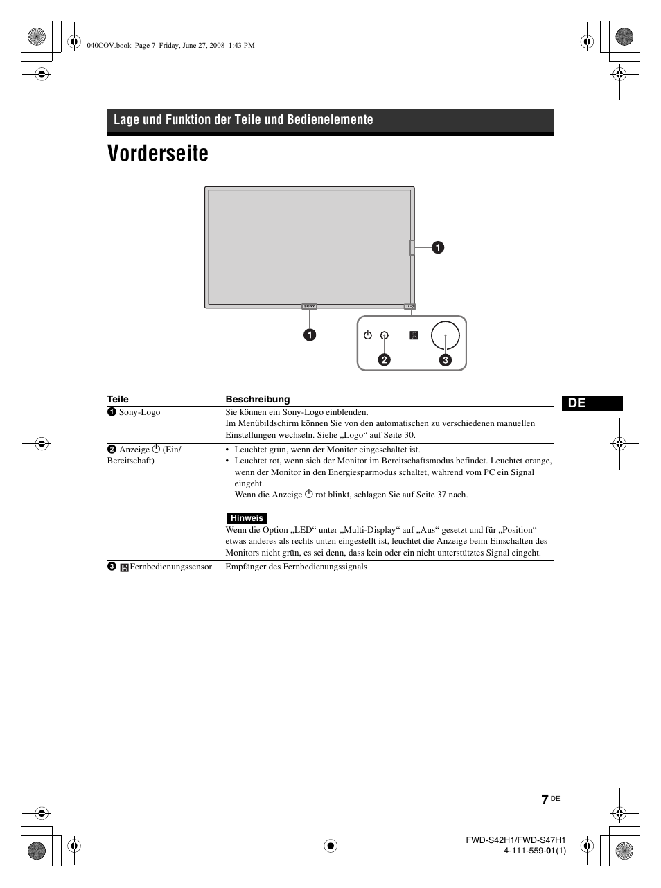 Vorderseite, Lage und funktion der teile und bedienelemente | LG LS42F User Manual | Page 139 / 302