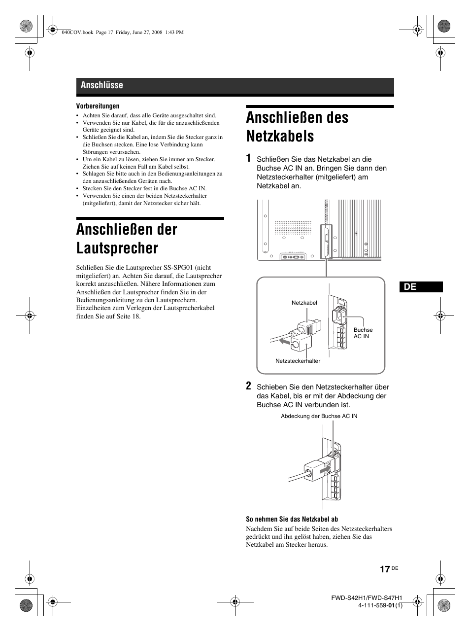 Anschließen der lautsprecher, Anschließen des netzkabels, Anschlüsse | LG LS42F User Manual | Page 149 / 302