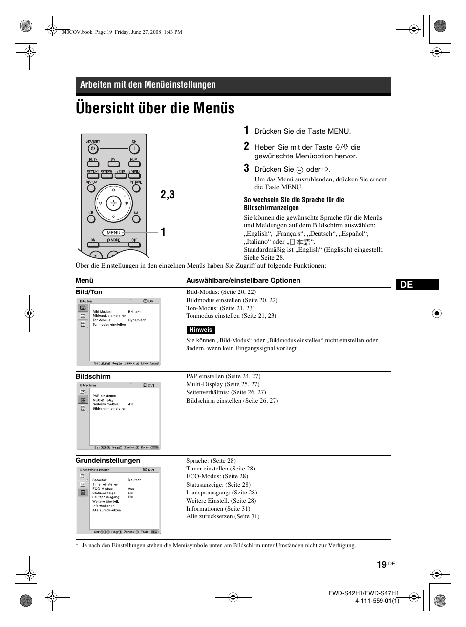 Übersicht über die menüs | LG LS42F User Manual | Page 151 / 302
