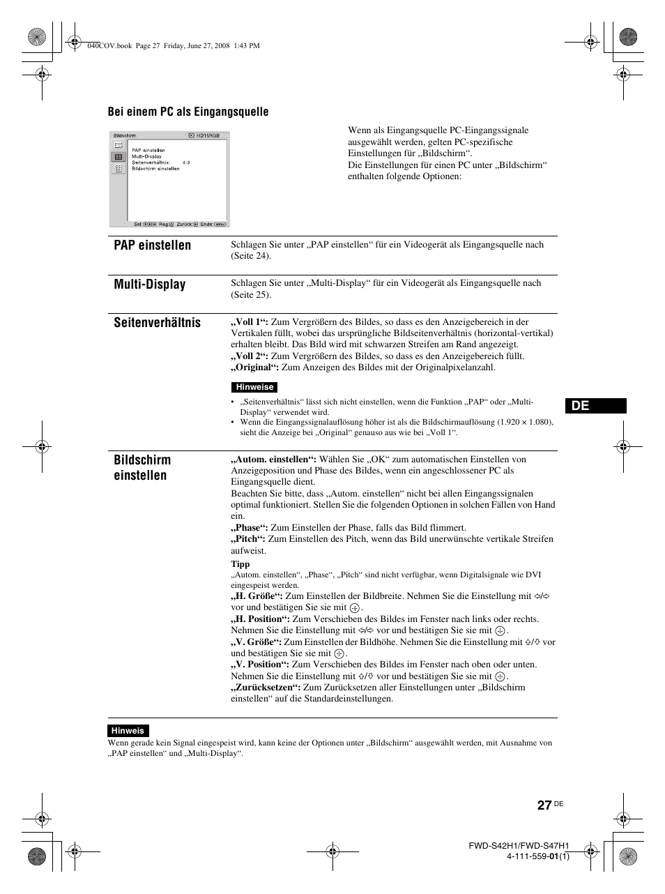 Pap einstellen, Multi-display, Seitenverhältnis | Bildschirm einstellen | LG LS42F User Manual | Page 159 / 302