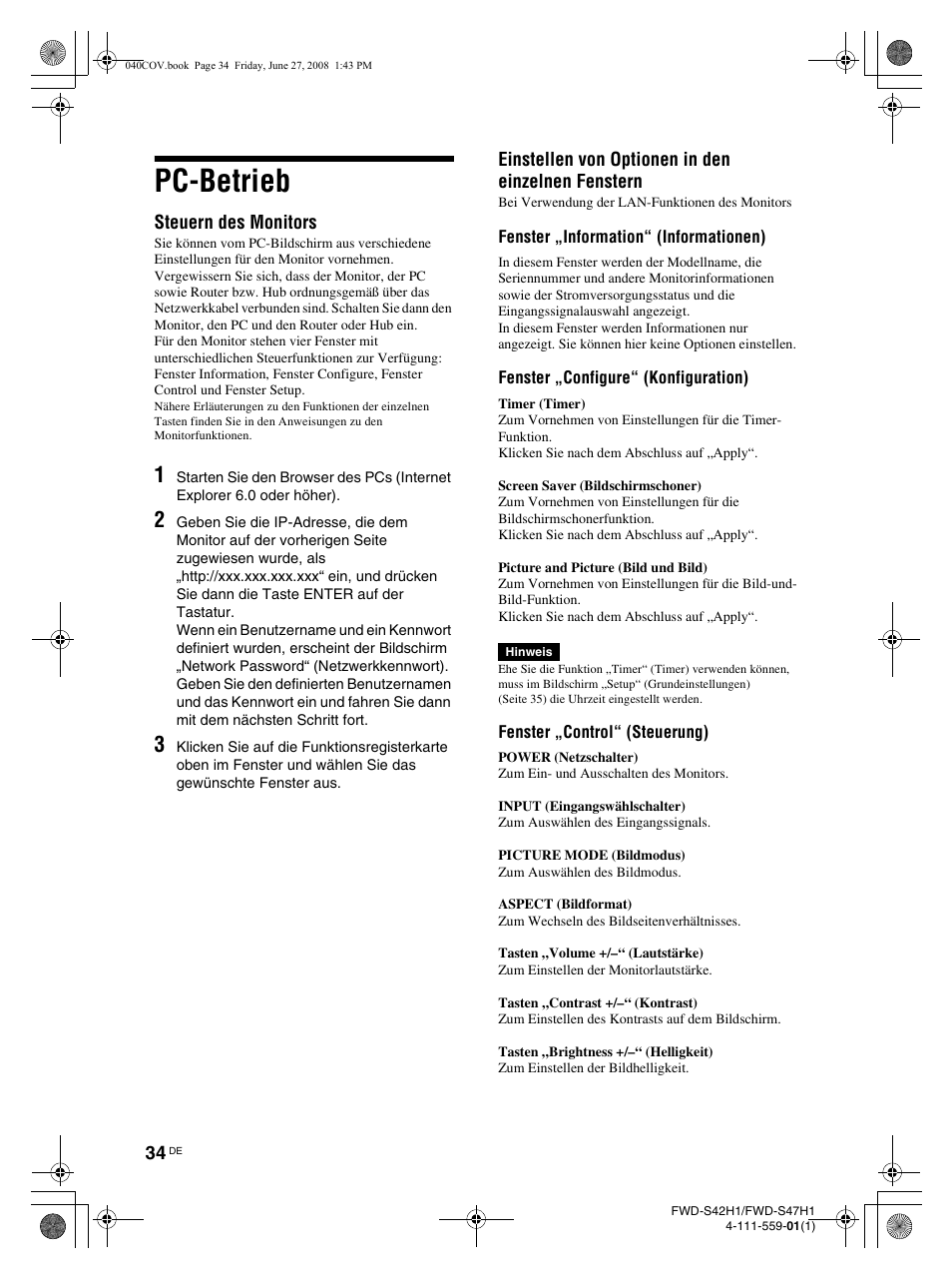 Pc-betrieb | LG LS42F User Manual | Page 166 / 302