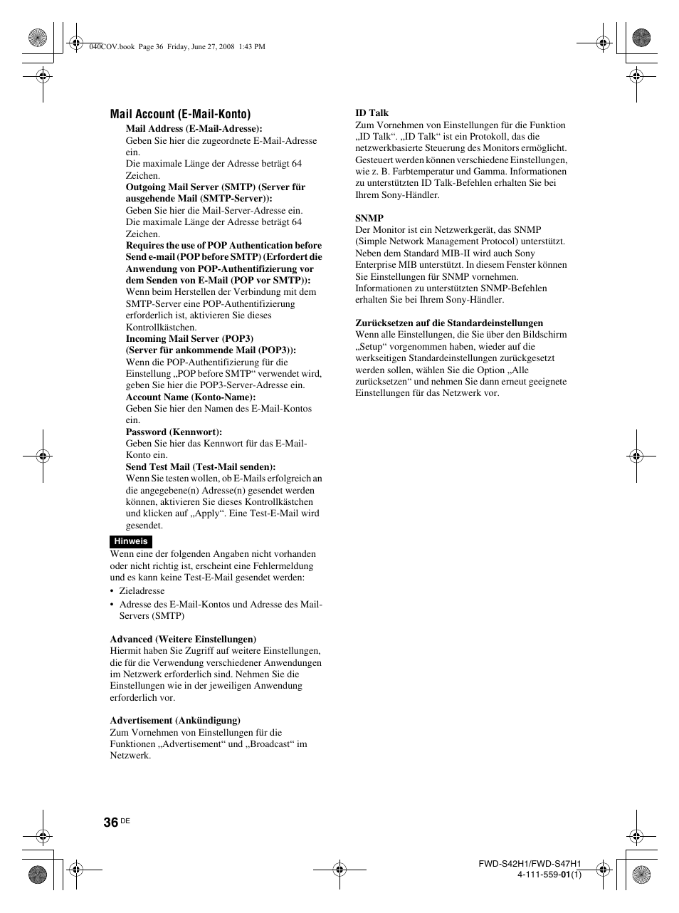 Mail account (e-mail-konto) | LG LS42F User Manual | Page 168 / 302