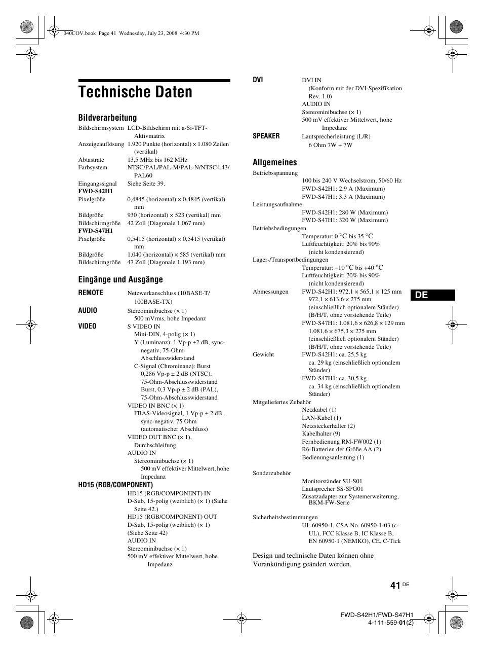 Technische daten, Bildverarbeitung, Eingänge und ausgänge | Allgemeines | LG LS42F User Manual | Page 173 / 302