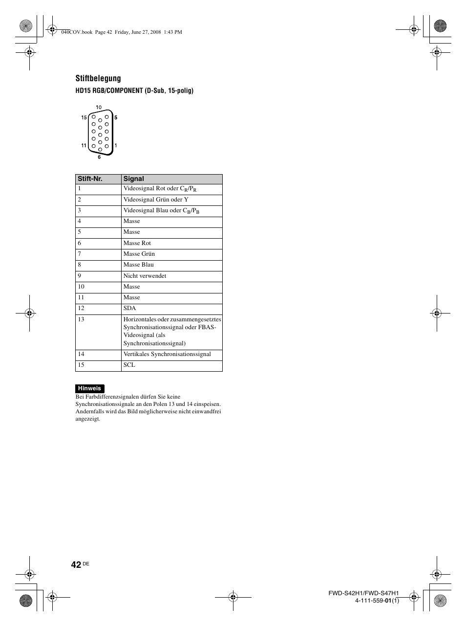 Stiftbelegung | LG LS42F User Manual | Page 174 / 302