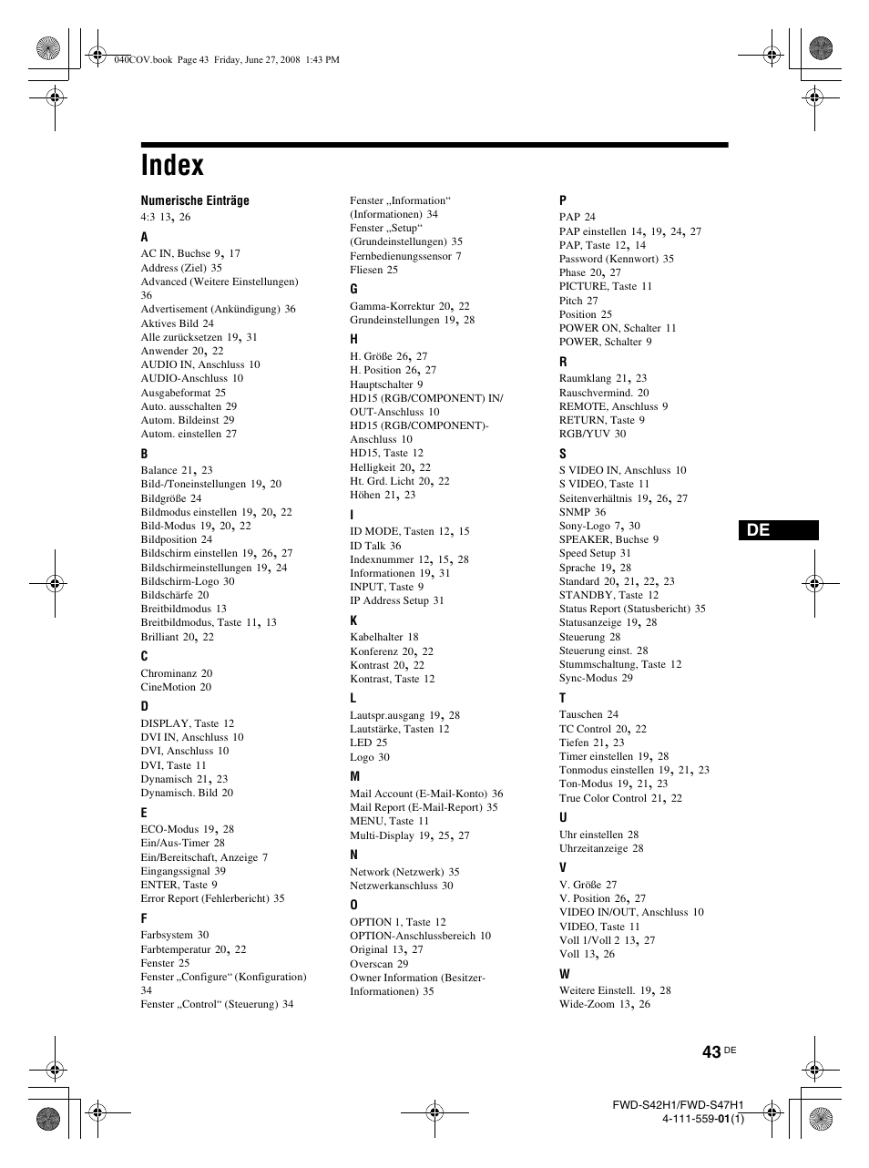 Index | LG LS42F User Manual | Page 175 / 302