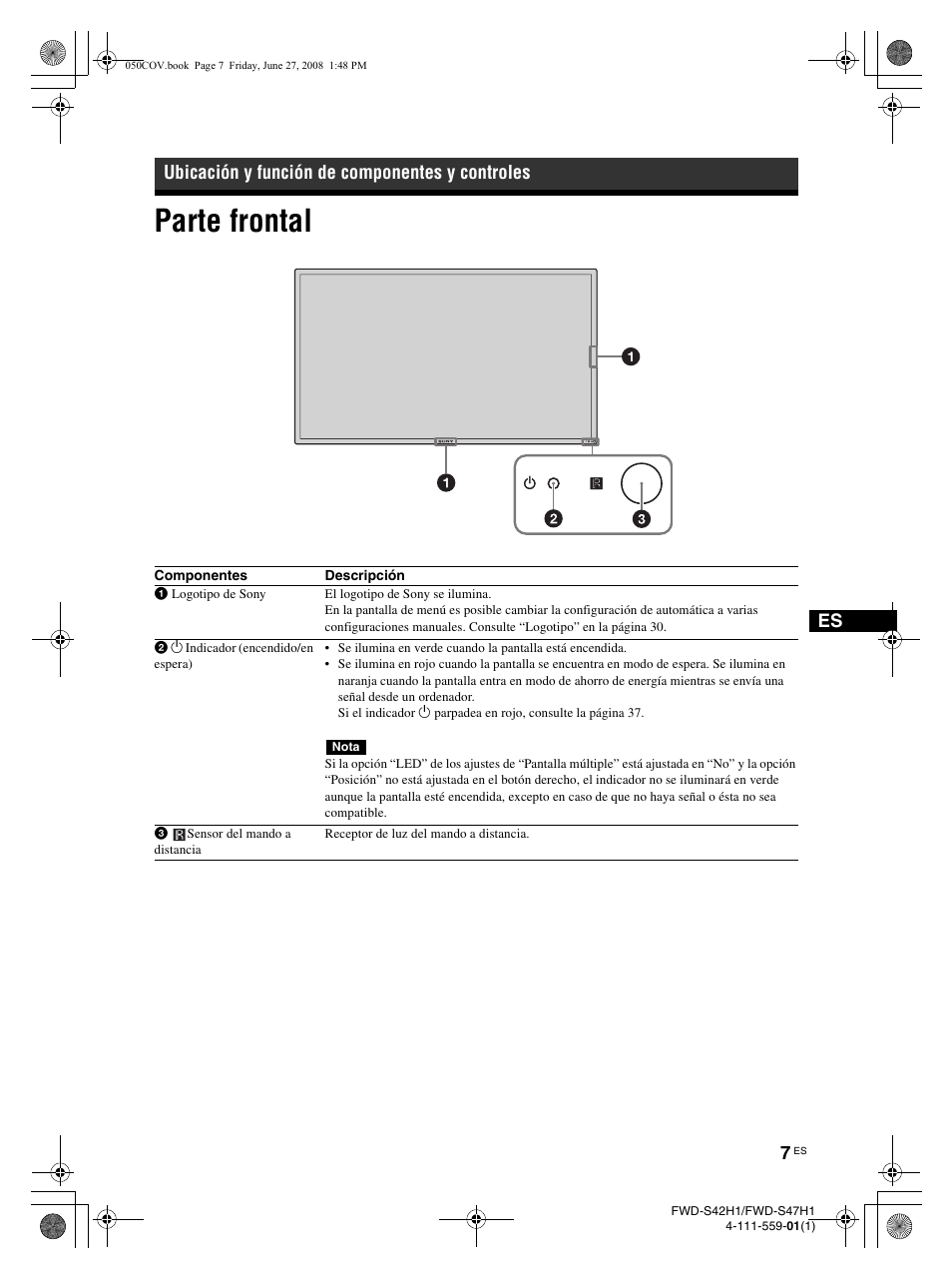Parte frontal, Ubicación y función de componentes y controles | LG LS42F User Manual | Page 183 / 302