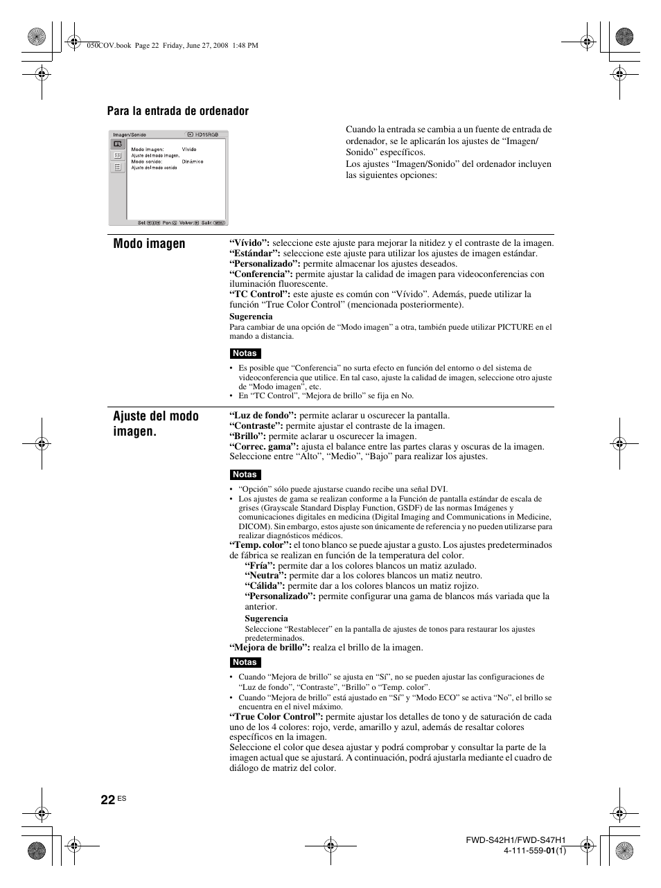 Modo imagen, Ajuste del modo imagen, Para la entrada de ordenador | LG LS42F User Manual | Page 198 / 302