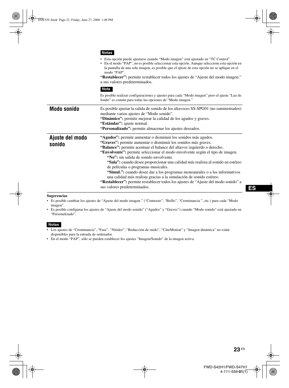 Modo sonido, Ajuste del modo sonido | LG LS42F User Manual | Page 199 / 302