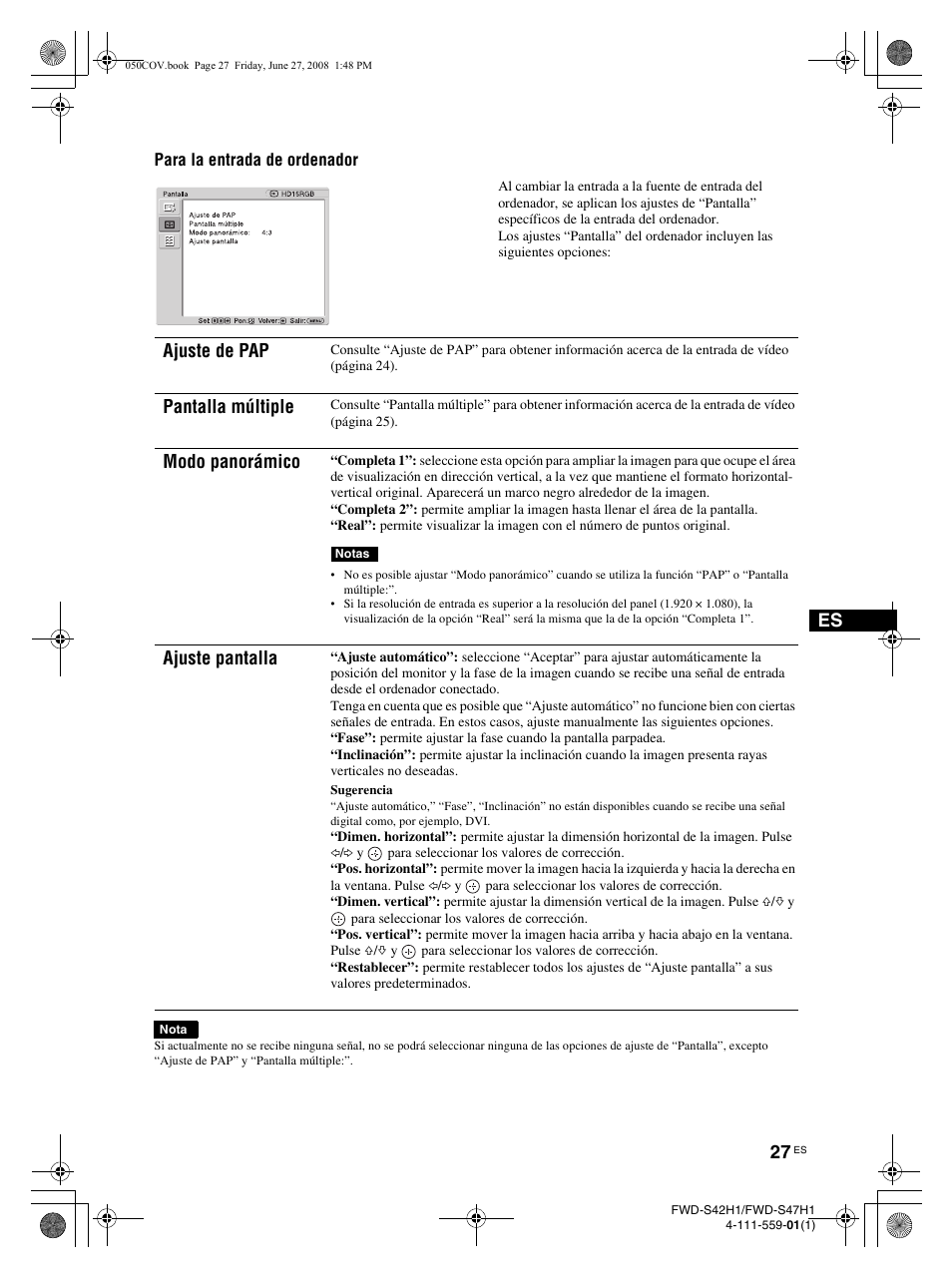 Ajuste de pap, Pantalla múltiple, Modo panorámico | Ajuste pantalla | LG LS42F User Manual | Page 203 / 302