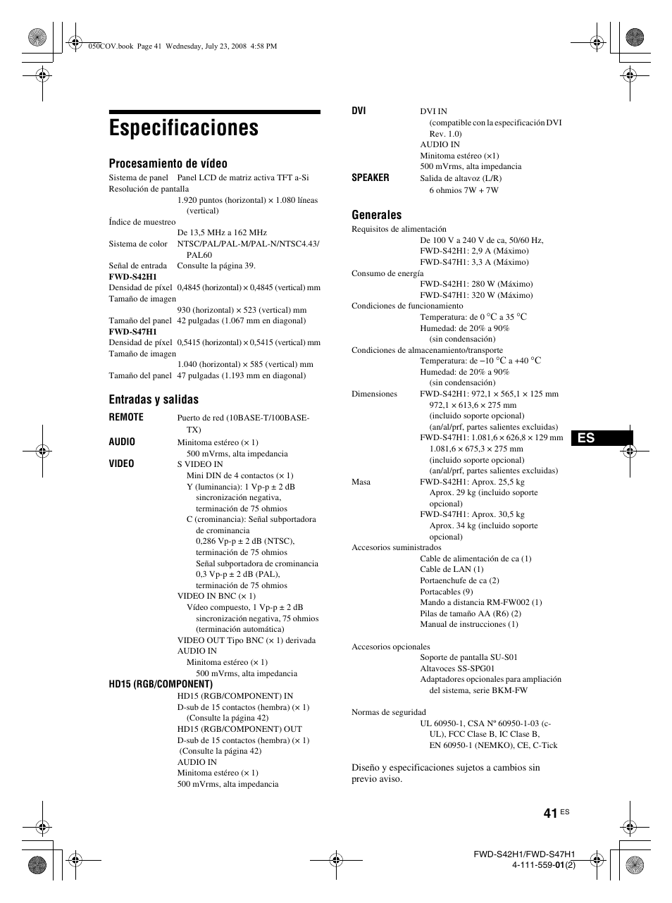 Especificaciones, Procesamiento de vídeo, Entradas y salidas | Generales | LG LS42F User Manual | Page 217 / 302