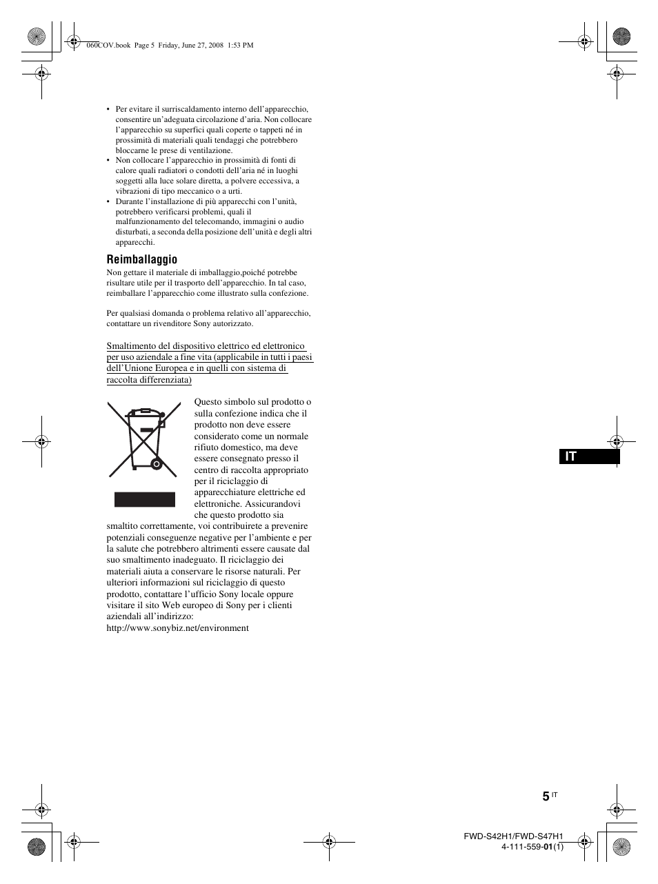 Reimballaggio | LG LS42F User Manual | Page 223 / 302