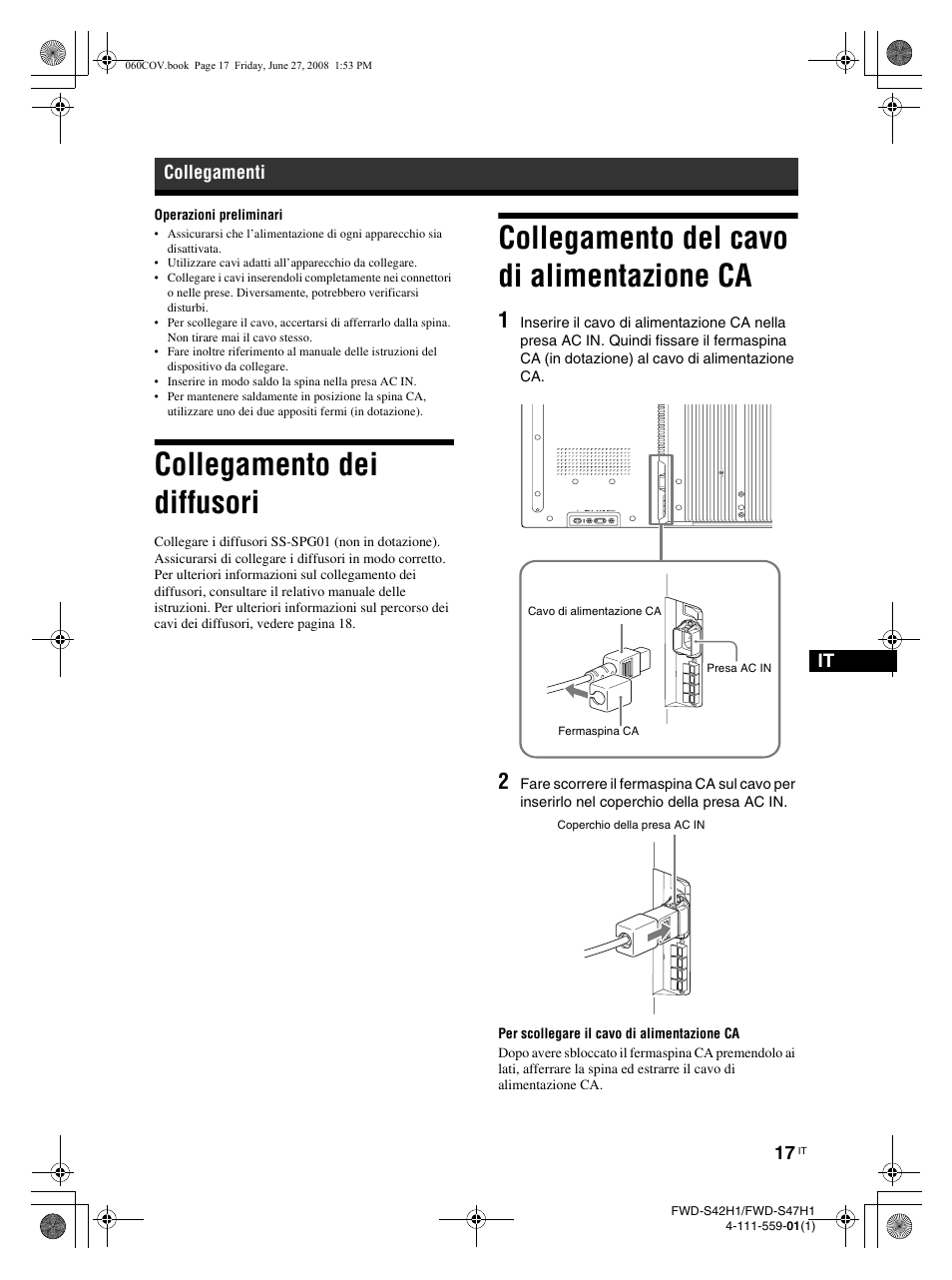 Collegamento dei diffusori, Collegamento del cavo di alimentazione ca, Collegamenti | LG LS42F User Manual | Page 235 / 302