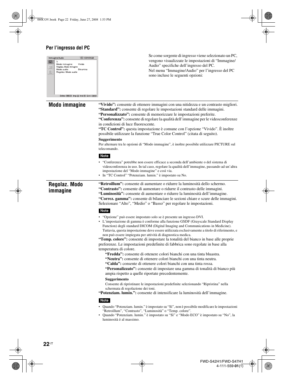 Modo immagine, Regolaz. modo immagine, Per l’ingresso del pc | LG LS42F User Manual | Page 240 / 302