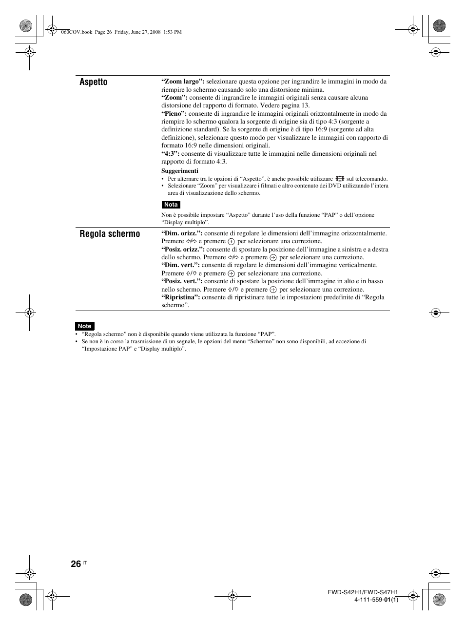 Aspetto, Regola schermo | LG LS42F User Manual | Page 244 / 302