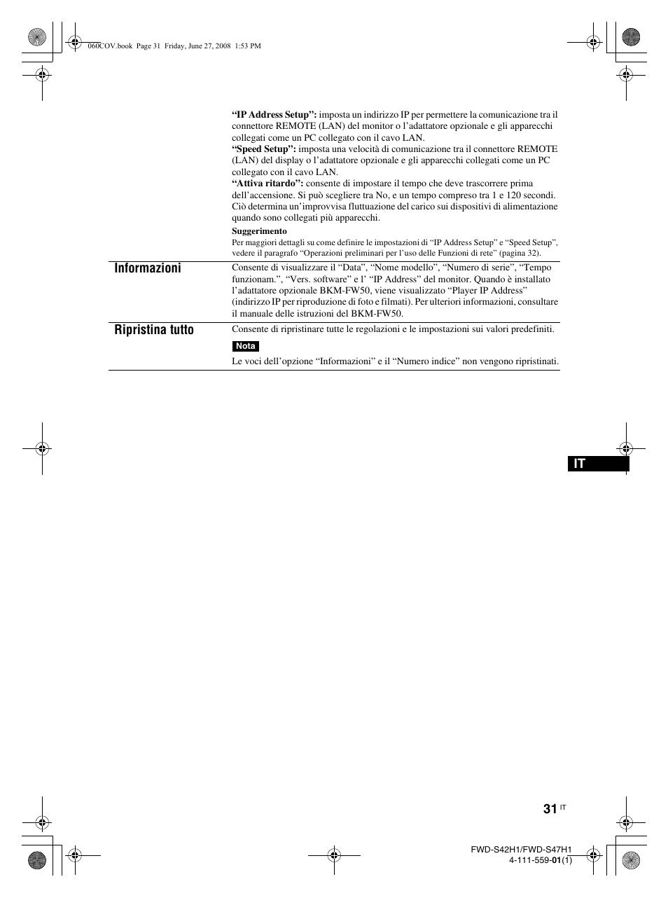 Informazioni, Ripristina tutto | LG LS42F User Manual | Page 249 / 302