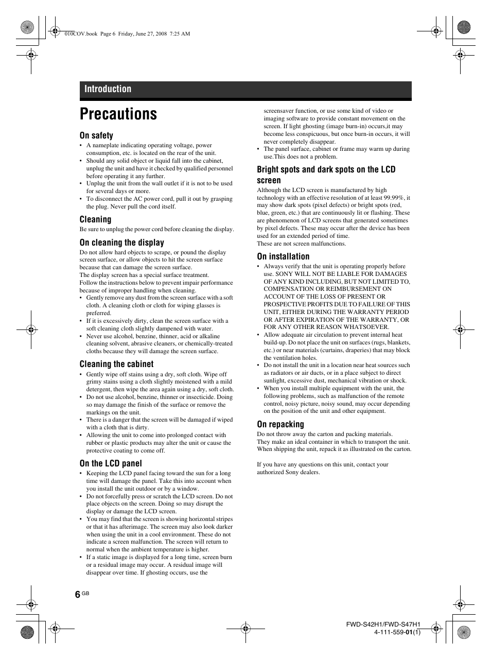 Precautions, Introduction, On safety | Cleaning, On cleaning the display, Cleaning the cabinet, On the lcd panel, Bright spots and dark spots on the lcd screen, On installation, On repacking | LG LS42F User Manual | Page 52 / 302