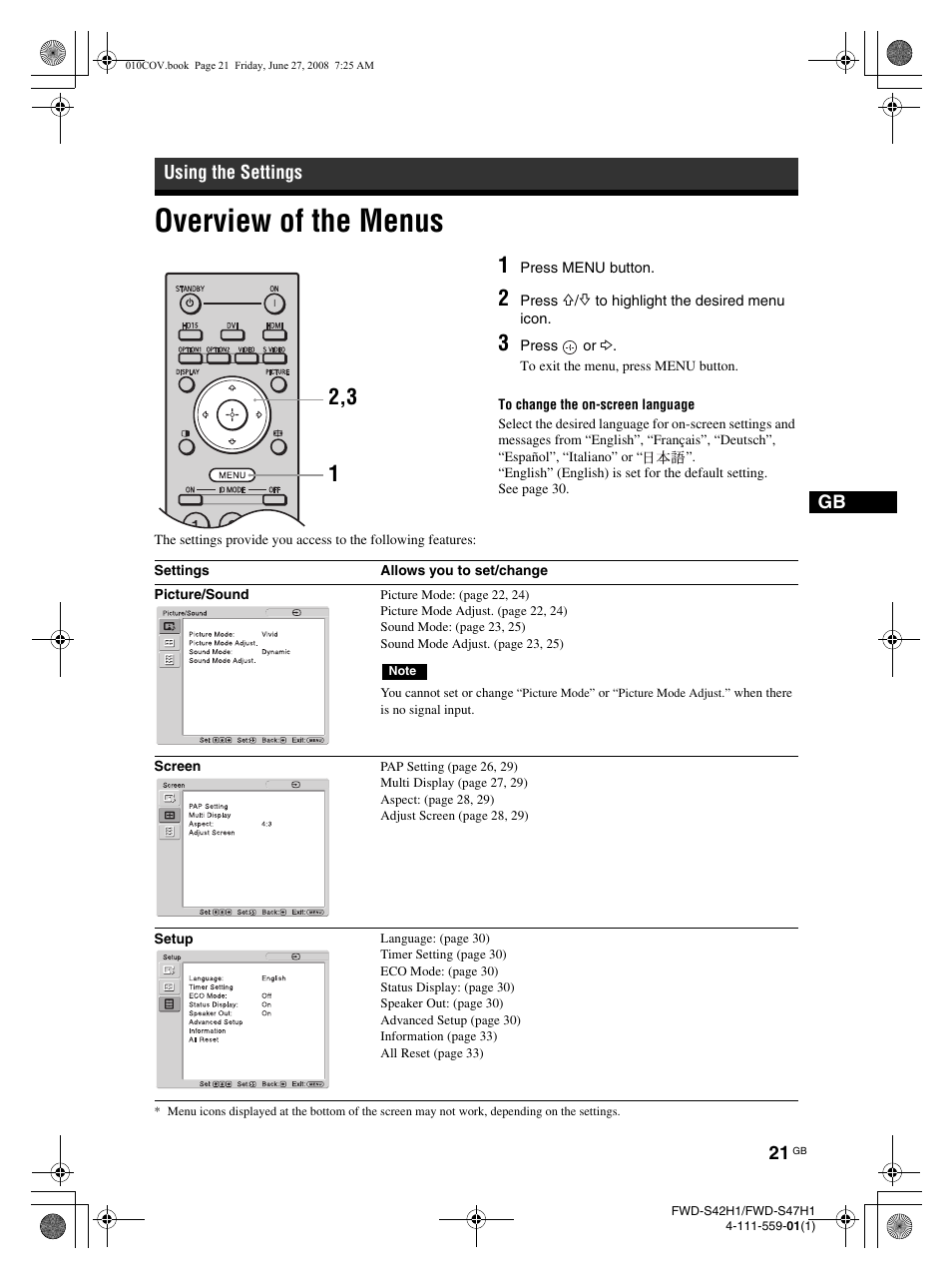 Overview of the menus | LG LS42F User Manual | Page 67 / 302