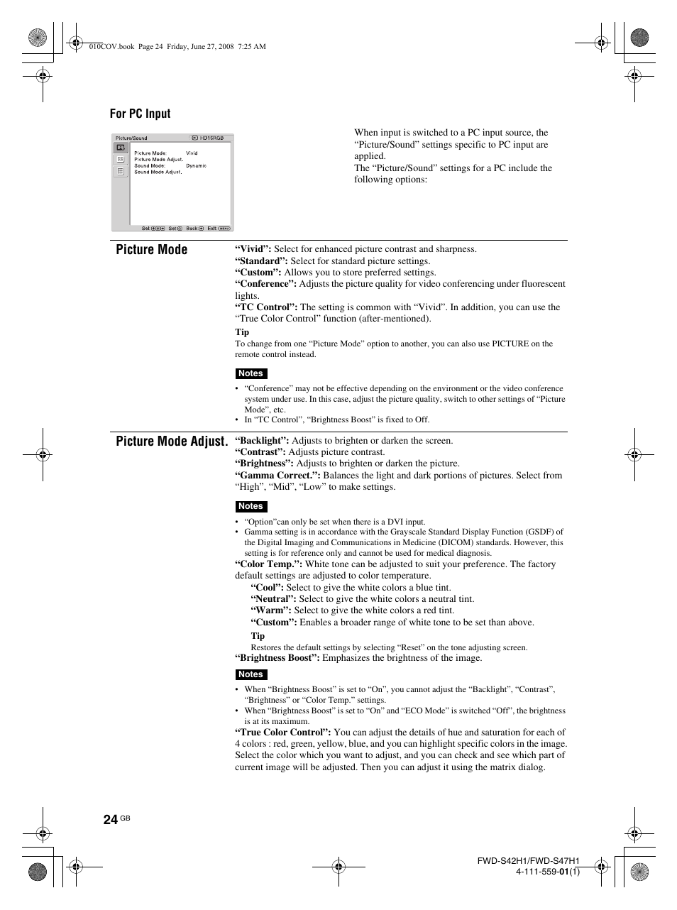 Picture mode, Picture mode adjust, For pc input | LG LS42F User Manual | Page 70 / 302